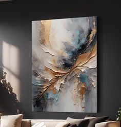 an abstract painting hangs on the wall above a couch in a room with dark walls