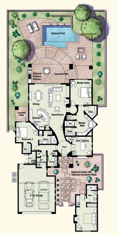 a floor plan for a house with several rooms and an outdoor swimming pool in the middle