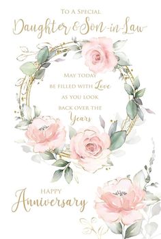 an anniversary card with pink roses and greenery