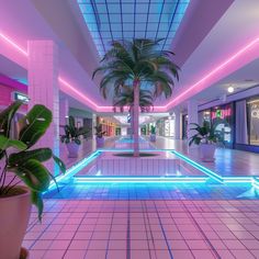 A Retro style Department Store with vibrant colors and minimalist decoration with white floor and purple neon lights, pink wall with sky blue edges Y2k Dreamcore, Vaporwave Interior, Vaporwave Mall, Retrofuture Aesthetic, Synthwave Art 80s Style, Vapor Wave Aesthetic, Futuristic 90s, 80s Retro Aesthetic