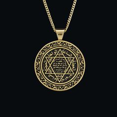 "King Solomon Seal Necklace, Solomon Talisman pendant , Solomon amulet , Islamic Necklace , Mens gift. The Key of Solomon is a pseudepigraphical grimoire (also known as a book of spells) attributed to King Solomon. It probably dates back to the 14th or 15th century Italian Renaissance. It presents a typical example of Renaissance magic. (wiki) KING*SOLOMON*SEAL*NECKLACE * 925 sterling silver * Silver or 18k gold polished finish * 19 1/2\" Curb chain with spring ring closure. * Lovely necklace cr King Solomon Seal For Wealth, Engraved Amulet Medallion Necklace, Symbolic Star Of David Engraved Necklace, Engraved Star Of David Amulet Jewelry, Etched Spiritual Necklaces For Collectors, Custom Class Rings, Islamic Necklace, Solomon Seal, King Solomon Seals