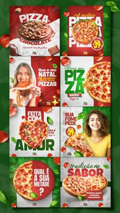 the pizza flyer is designed to look like it has different toppings and ingredients on it