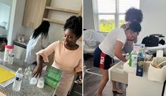 two women are in the kitchen and one is washing her hands with a bottle of water