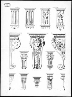 an old drawing of different types of vases and pillars with designs on the sides