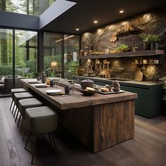 a large kitchen with wooden floors and walls