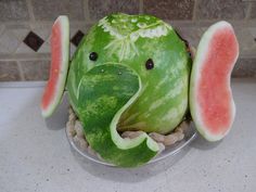 an elephant made out of watermelon sitting on top of a counter