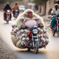 a monkey riding on the back of a motorcycle with lots of small babies in it