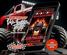 a cell phone with an image of a monster truck on it's screen and the words birthday bash time