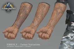 three different tattoos on the arms and legs of a person with an arm bracet