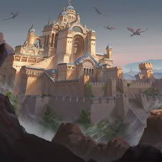 a castle with birds flying around it