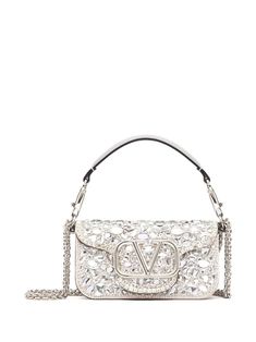 Valentino Garavani crystal-embellished Shoulder Bag - Farfetch Silver Valentino Bag, Silver Designer Bag, Silver Coach Bag, Sparkly Bag, Valentino Bag, Silver Bag, Valentino Garavani Bag, Luxury Bags Collection, V Logo