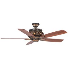 a ceiling fan with three wooden blades