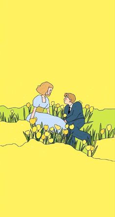 a man and woman are sitting in the grass with yellow flowers behind them, looking at each other