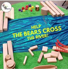 the bears cross the river is made out of wood and plastic blocks, along with other wooden toys