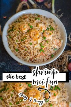 shrimp and noodle stir fry in a white bowl