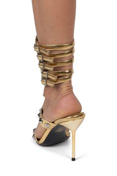 Gladiator heeled sandal with spike and o-ring detail Pairs perfectly with our PARTY-GIRL arm cuff Fits true to size 3.15" Heel, 0.25" Platform Synthetic Upper, Leather/ Synthetic Lining, Synthetic Sole Velcro-closure Gladiator Sandals Heels, Gladiator Heels, Platform Flats, Party Girl, Arm Cuff, Heeled Sandal, Party Girls, O Ring, Silver Gold