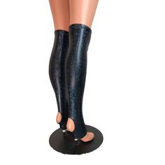 Stunning black shattered glass holographic spandex calf or leg sleeves with stirrup bottoms. These leg warmers come up just over the knee with elastic to hold them in place. The stirrup bottoms are cut perfectly to fit your heels with no seam under your foot. Fitted Black Leg Warmers For Cosplay, Thigh-high Stretch Leg Warmers For Cosplay, Thigh High Stretch Leg Warmers For Cosplay, Stretch Thigh High Leg Warmers For Cosplay, Black Stretch Legwear For Club, Trendy Black Leg Warmers For Party, Stretch Knee-high Party Legwear, Fitted Punk Style Leg Warmers For Cosplay, Fitted Thigh High Leg Warmers For Festivals