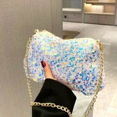 New White Sequin Crossbody Handbag Chain Straps White Crossbody Evening Bag For Party, White Party Bag With Chain, Summer Party Bags With Chain Detail, Chain Strap, Cross Body Handbags, Crossbody Bags, Sequin, Bag Lady, Handbags