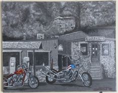 a drawing of two motorcycles parked in front of a building