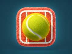 a tennis ball sitting on top of a red and white app icon in the shape of a square