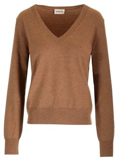 Caramel brown stretch wool and cashmere knit sweater from P.A.R.O.S.H. featuring a V-neck, ribbed edges and a standard fit. Versace Designer, Versace Sweatshirt, Wang Dress, Versace Shirt, Sweater For Women, Caramel Brown, Brown Sweater, Shirt Skirt, Yoga Wear