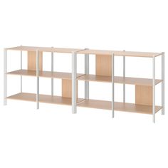 three shelving units, one with two shelves and the other without shelf space for storage