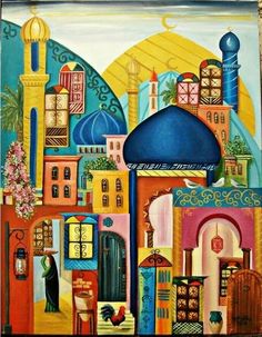 an oil painting of a city with blue domes