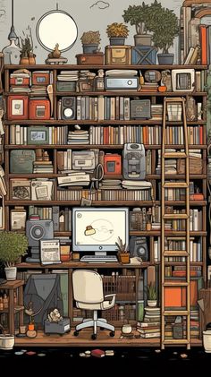 a computer desk sitting in front of a bookshelf filled with lots of books