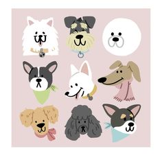 a group of dogs with their faces drawn in different styles and colors on a pink background