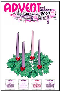 a poster with candles and holly wreaths in the center, surrounded by words about christmas