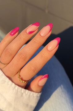 Pink Hoco Nails Almond, Hot Pink Prom Nails Almond, Nails For A Hot Pink Dress, Prom Nails Hot Pink, Hot Pink Nails Prom, Nails For Hot Pink Dress, Hoco Nails Almond, Hot Pink Prom Nails, Hot Pink Sparkly Nails