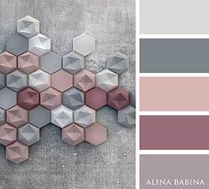 the color scheme is pink, grey and white with hexagonal shapes on it