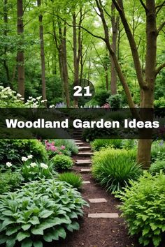 the words woodland garden ideas are in front of trees and bushes, along with flowers