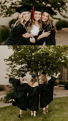 three women in graduation gowns hugging each other