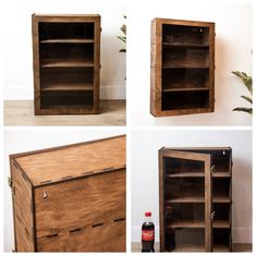 four different views of an old wooden cabinet with drawers and shelves on the front, side, and top