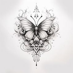 a black and white drawing of a butterfly sitting on top of a flower with swirls