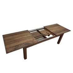 a wooden table with an open drawer on it's side and one section missing from the top