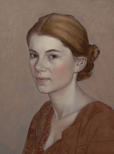 a painting of a woman with red hair in a brown shirt and white collared top