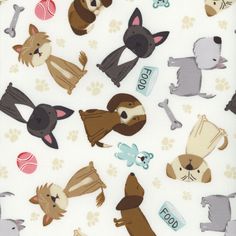 an animal themed fabric with dogs and cats on it's white background is shown