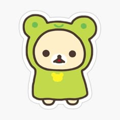 a green teddy bear sticker with black eyes and nose, wearing a green outfit