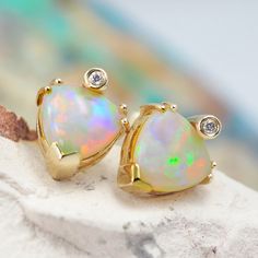 Opal Hearts Set In 14 K Yellow Gold - Opj 2302 Yellow Gold Opal Ring, Chain Jewelry Ideas, Andamooka Opal, Opal Ring Gold, Opal Earrings Stud, Jewelry Auction, Crystal Opal, Opal Studs, Jewelry Earring