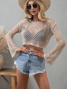 Casual Long Sleeve Crop Top For Beach Season, Casual Lightweight Spring Tops, Beige Open Knit Crop Top For Summer, Beige Crew Neck Top For Beach, Beige Stretch Crew Neck Crop Top, Lightweight Chic Tops For Spring, Chic Lightweight Tops For Spring, Lightweight Chic Spring Tops, Chic Lightweight Spring Tops