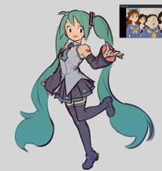 an anime character with long green hair and blue eyes, holding her hands out to the side