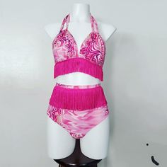 Burlesque inspired rave two piece with hot pink fringe! So cute #raveoutfit #hotpink #festivaloutfit Pink Rave Outfit, High Waist Bottoms, Pink Marble, Chunky Boots, Fringe Trim