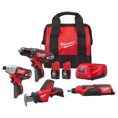 the milwaukee power tools set includes two drillers, one impactor and three batteries