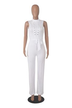 Elegant O Neck Sleeveless Lace Up Straight Jumpsuit Fitted Sleeveless White Jumpsuits And Rompers, White Fitted Sleeveless Jumpsuits And Rompers, Elegant White Sleeveless Bodysuit, Elegant Sleeveless Spring Bodysuit, Elegant Sleeveless Bodysuit For Spring, Chic Sleeveless Spring Bodysuit, Chic Sleeveless Bodysuit For Spring, Casual White Sleeveless Bodysuit, Chic Sleeveless Bodysuit For Work