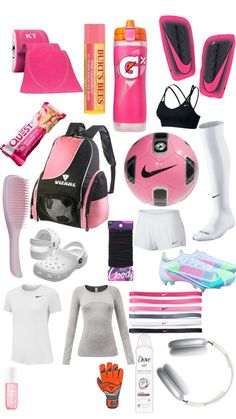 the contents of a pink and black backpack are arranged on a white background, including sports equipment