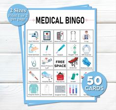 the medical bingo game is on display in front of a white wooden background with blue border