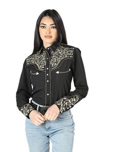 Camisa Vaquera Manga Larga Bordada Negro para Mujer 'El Señor de los Cielos' - ID: 44190 Camisas Bordadas El Señor de los Cielos Black Black Embroidered Western Top, Western Style Black Long Sleeve Tops, Black Long Sleeve Top For Rodeo, Fitted Embroidered Top For Rodeo, Fitted Black Western Tops, Denim Shirt Style, Kids Blazers, Rodeo Boots, Father Son Shirts