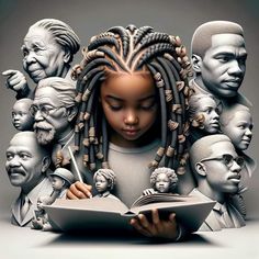 a woman with dreadlocks is reading a book surrounded by many heads and faces